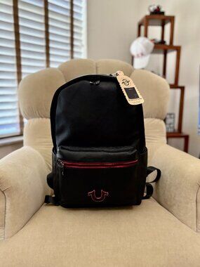 NEW Auth TRUE RELIGION Faux Leather Horseshoe Logo Black Backpack Bag